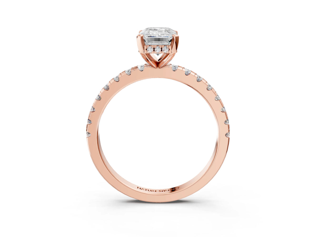 Emerald Cut Diamond Hidden Halo Solitaire Ring in Rose gold with Round Pavé Band and Prong Setting_39
