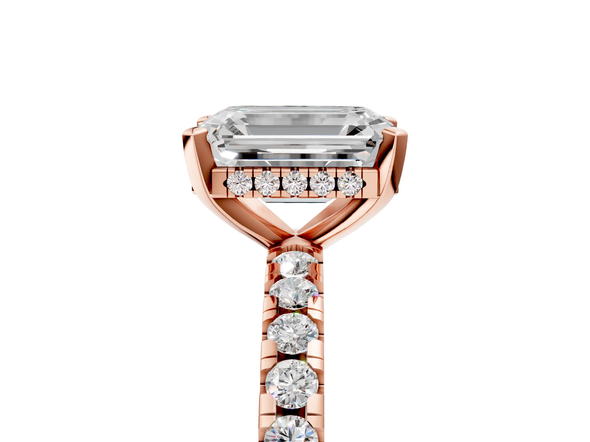 Emerald Cut Diamond Hidden Halo Solitaire Ring in Rose gold with Round Pavé Band and Prong Setting_41
