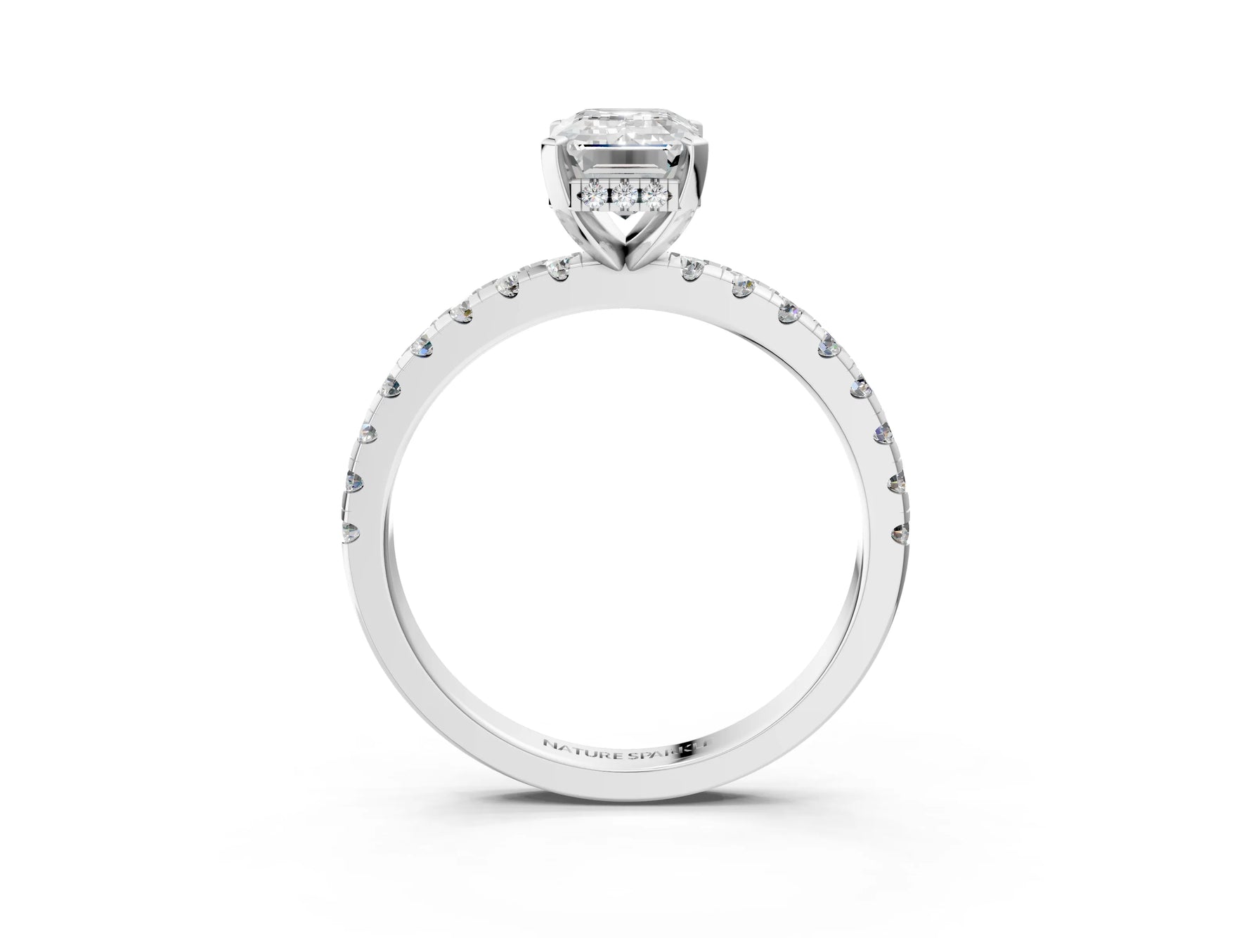Emerald Cut Diamond Hidden Halo Solitaire Ring in White gold with Round Pavé Band and Prong Setting_39