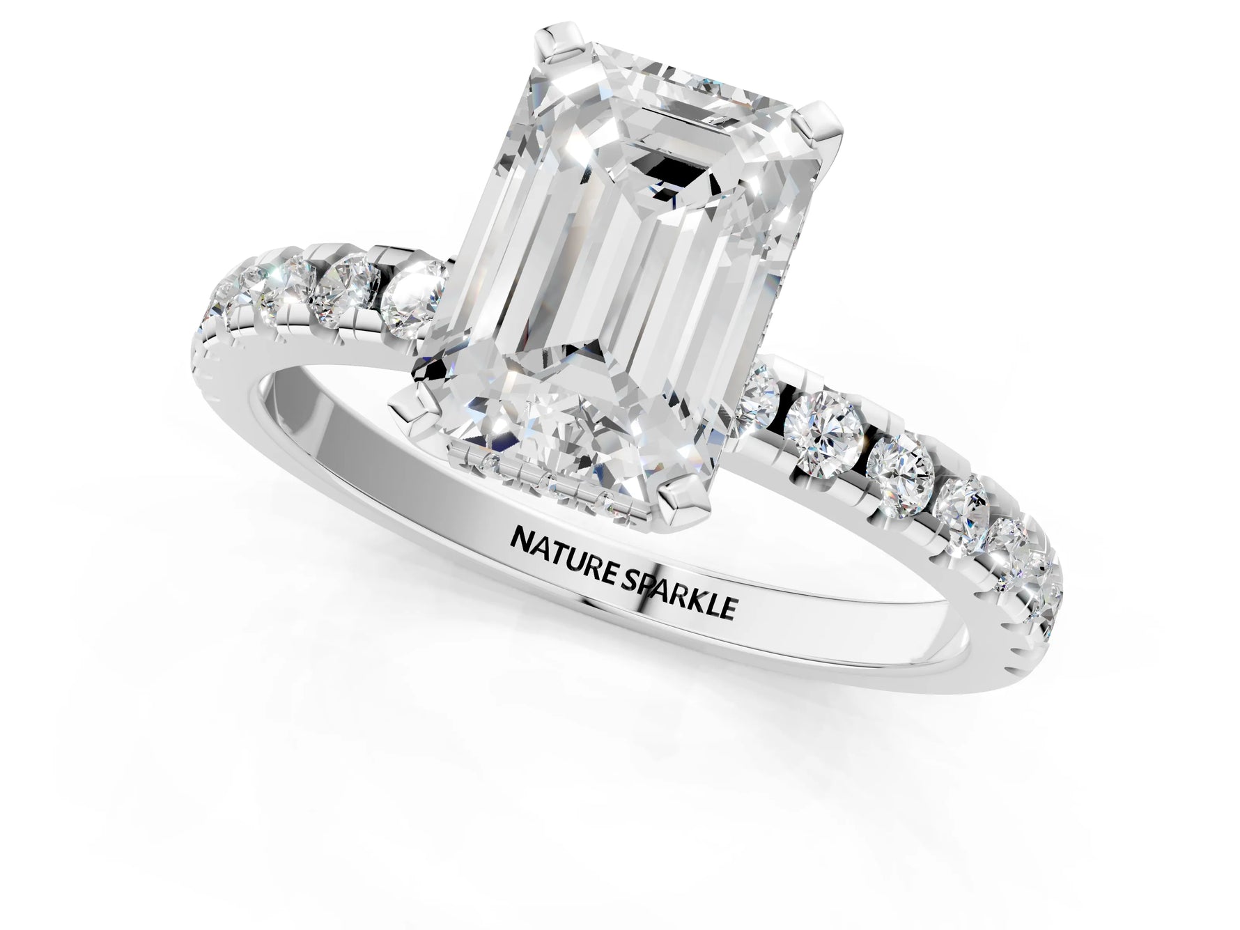 Emerald Cut Diamond Hidden Halo Solitaire Ring in White gold with Round Pavé Band and Prong Setting_43