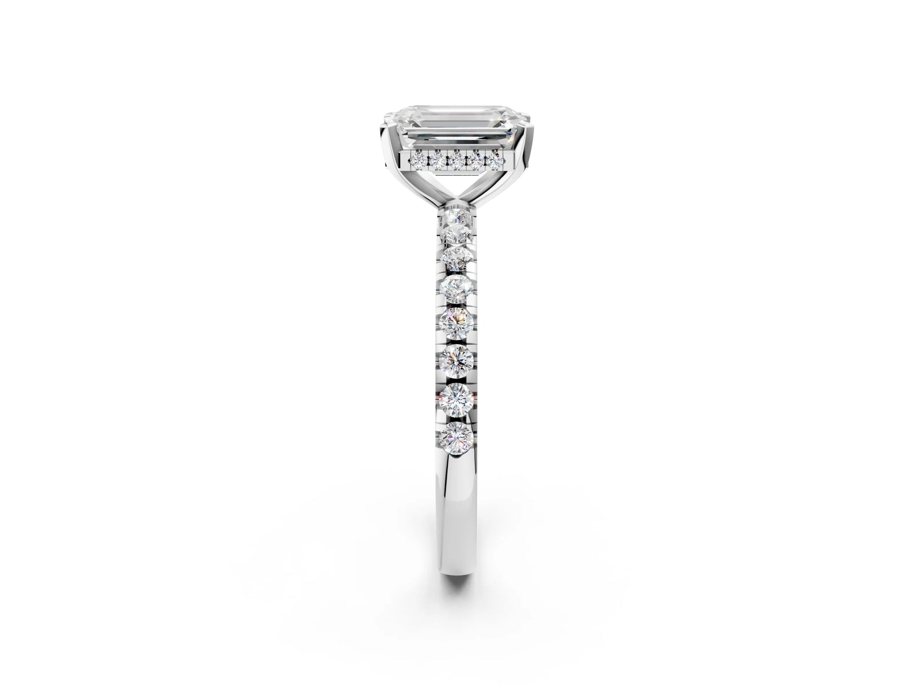Emerald Cut Diamond Hidden Halo Solitaire Ring in White gold with Round Pavé Band and Prong Setting_44