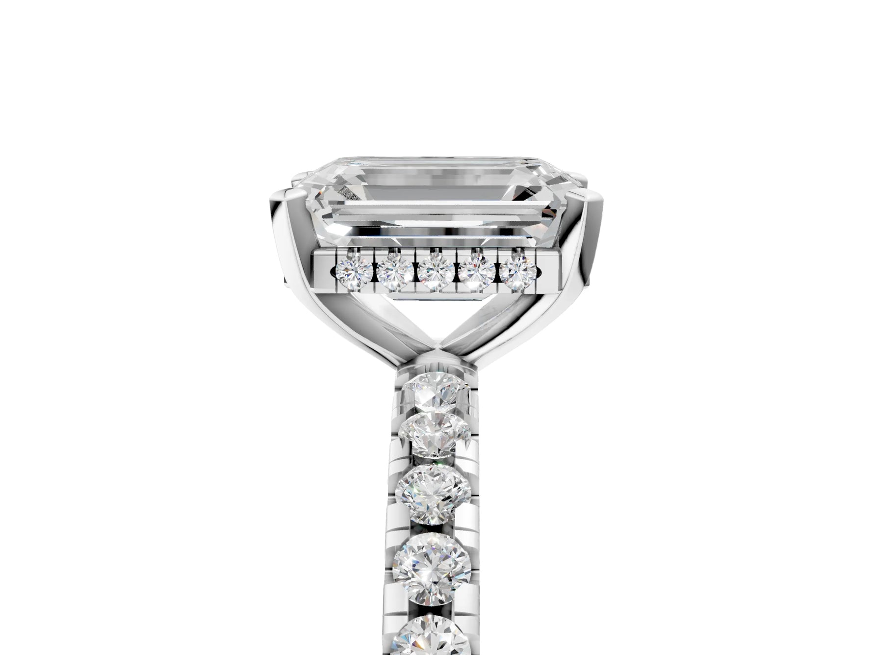 Emerald Cut Diamond Hidden Halo Solitaire Ring in White gold with Round Pavé Band and Prong Setting_47