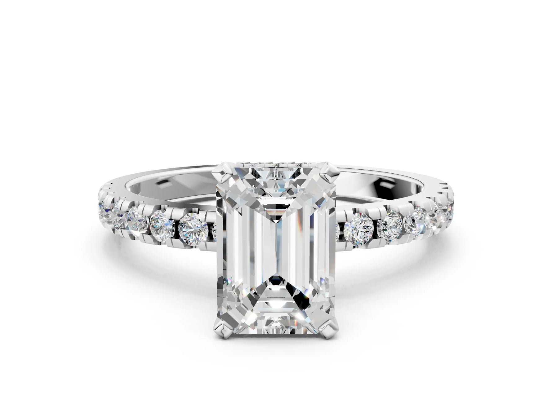 Emerald Cut Diamond Hidden Halo Solitaire Ring in White gold with Round Pavé Band and Prong Setting_48
