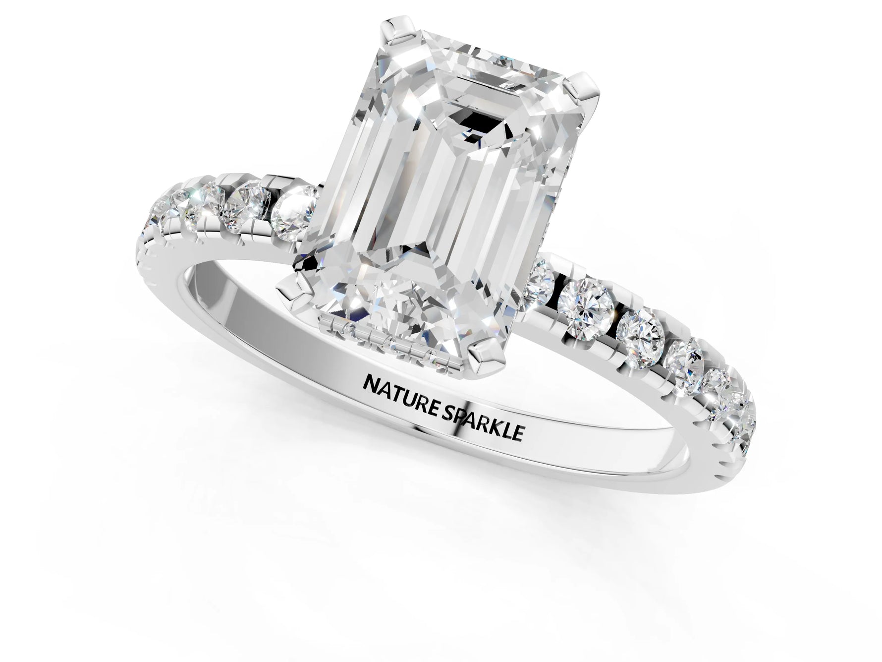 Emerald Cut Diamond Hidden Halo Solitaire Ring in White gold with Round Pavé Band and Prong Setting_49