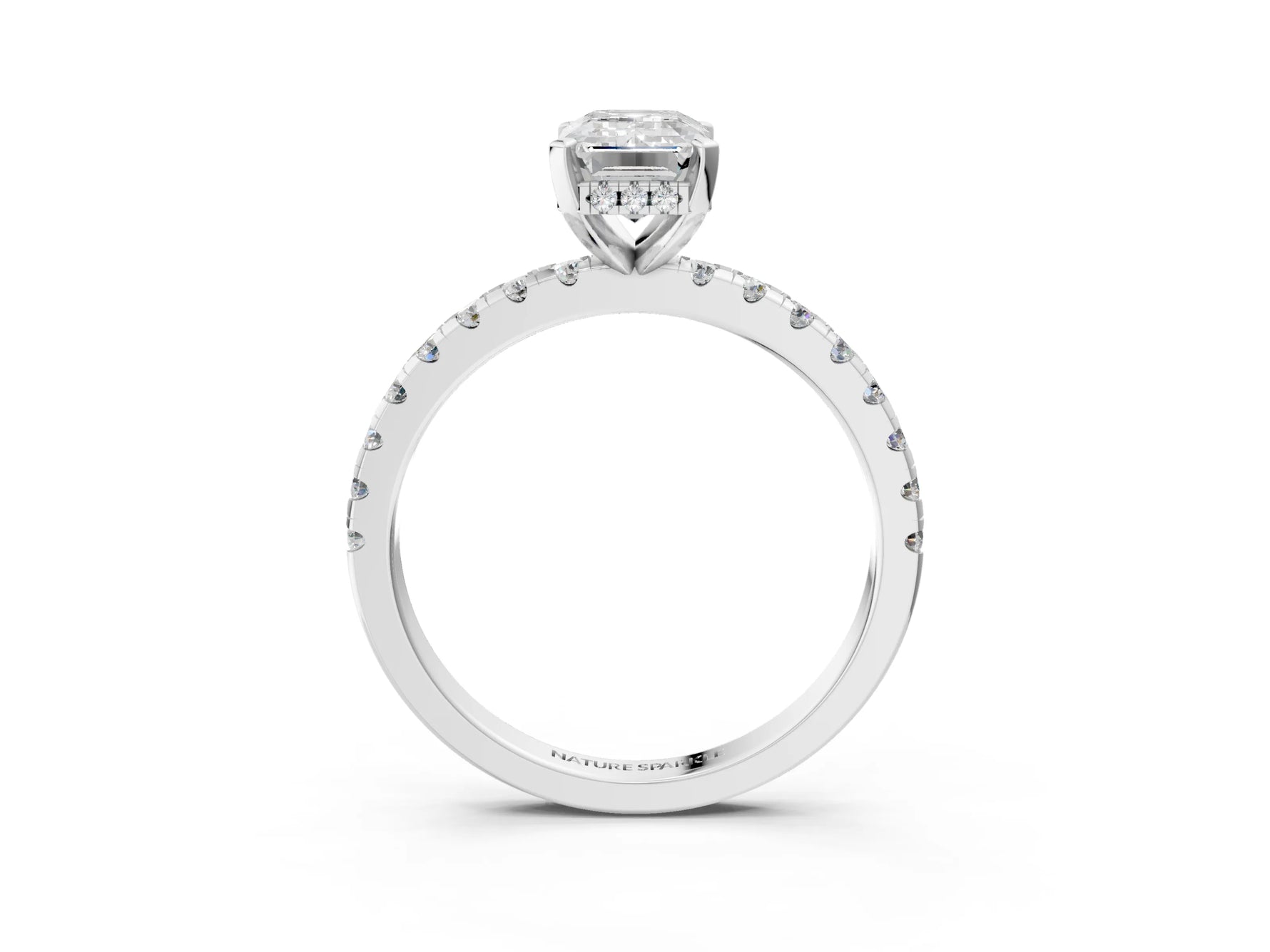 Emerald Cut Diamond Hidden Halo Solitaire Ring in White gold with Round Pavé Band and Prong Setting_51
