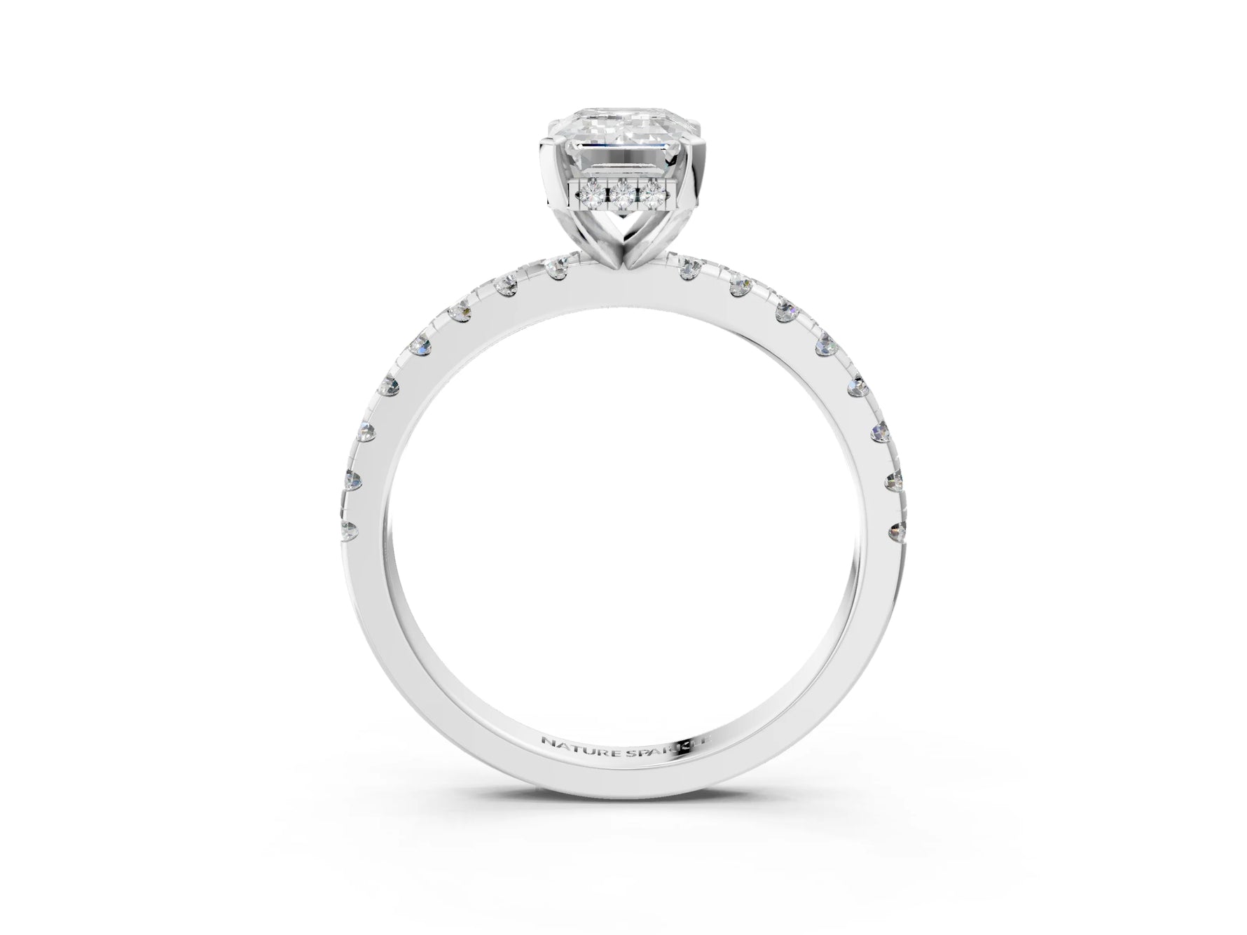 Emerald Cut Diamond Hidden Halo Solitaire Ring in White gold with Round Pavé Band and Prong Setting_51