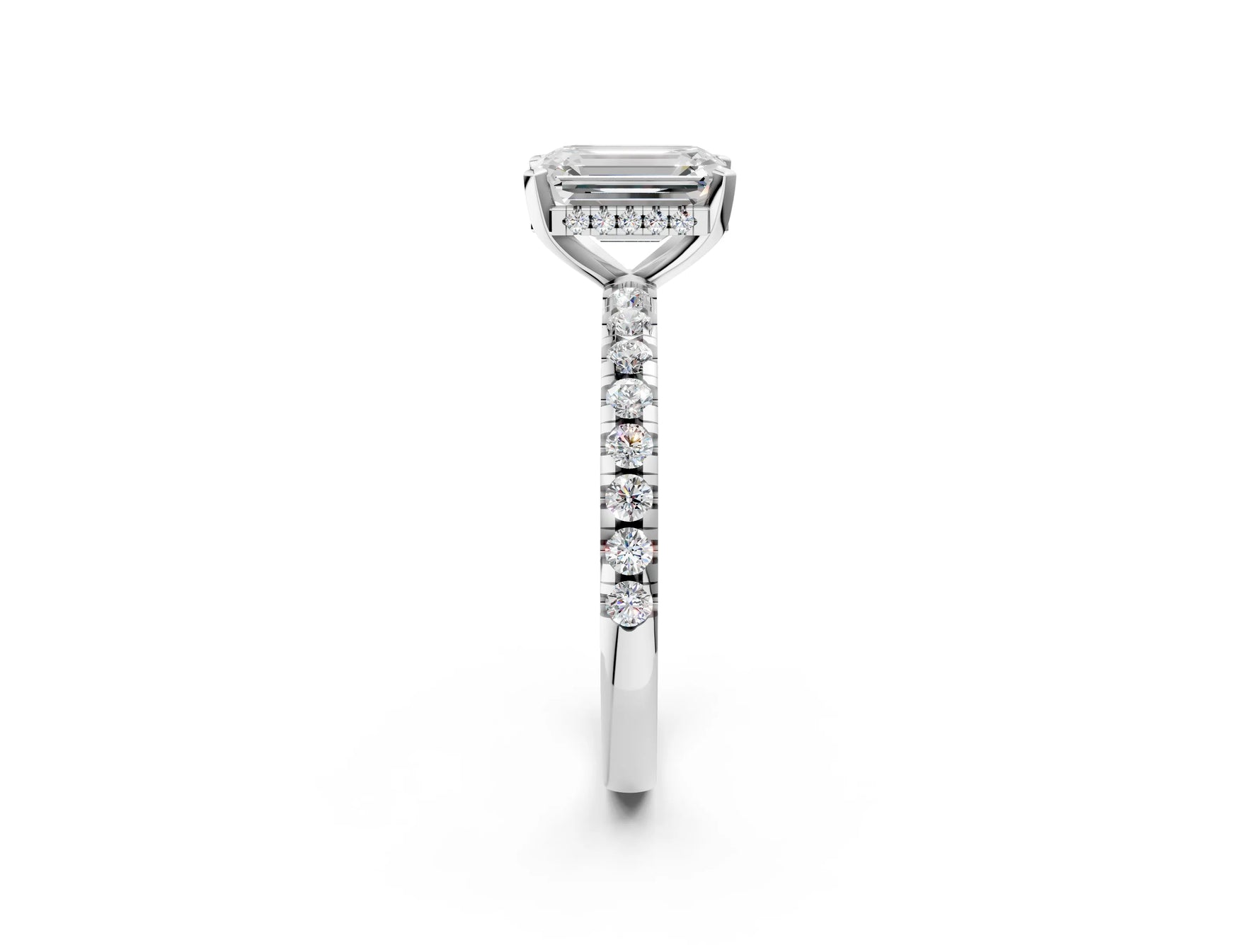 Emerald Cut Diamond Hidden Halo Solitaire Ring in White gold with Round Pavé Band and Prong Setting_56