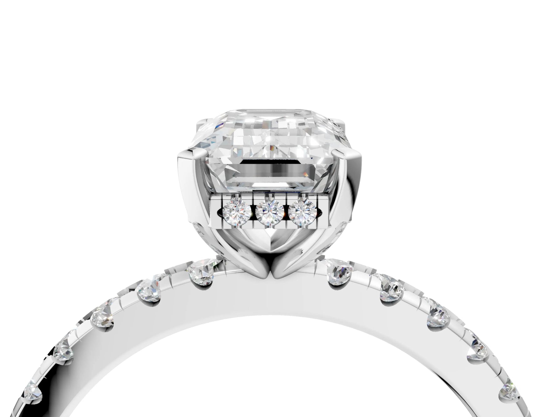 Emerald Cut Diamond Hidden Halo Solitaire Ring in White gold with Round Pavé Band and Prong Setting_58