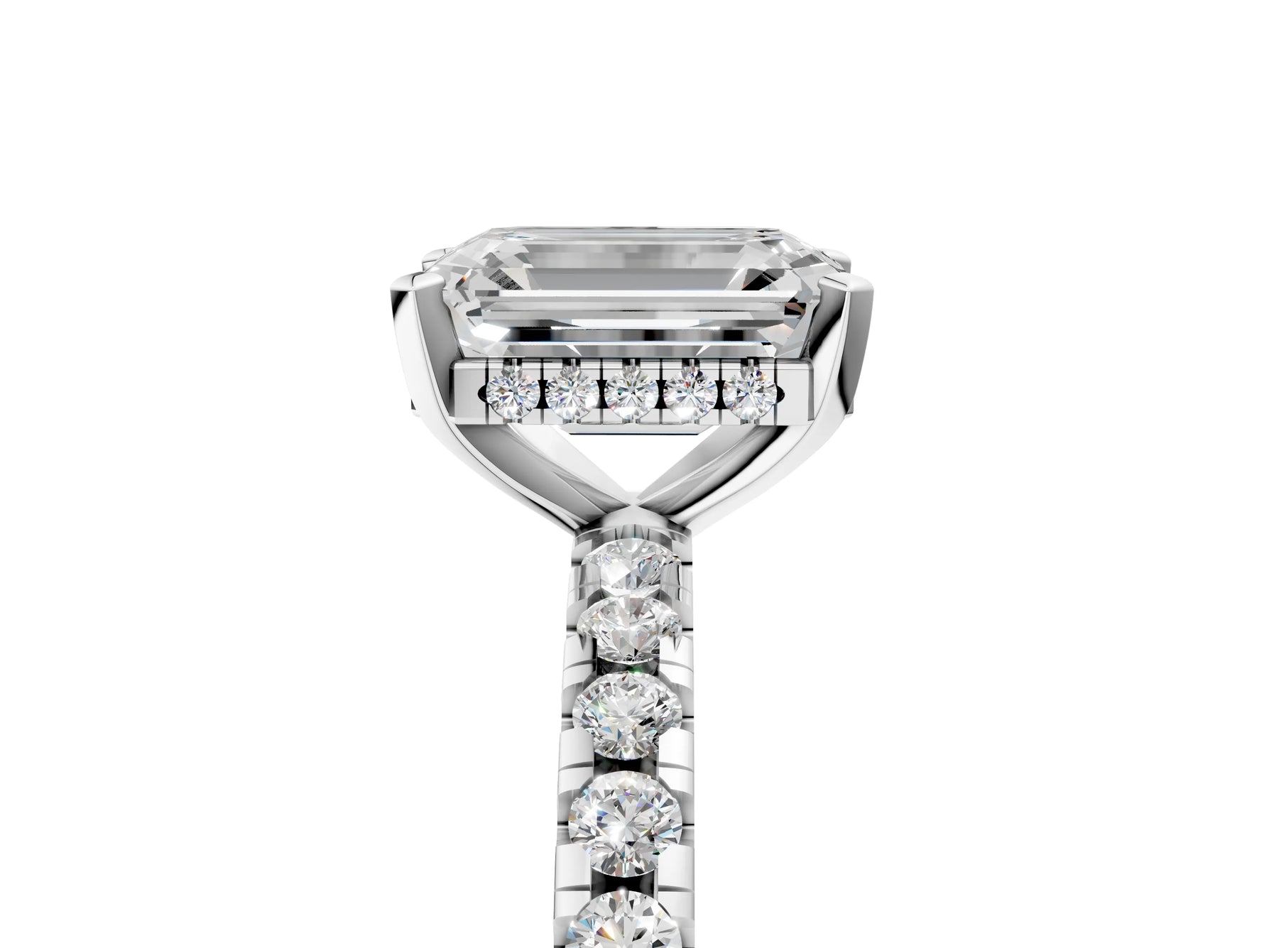 Emerald Cut Diamond Hidden Halo Solitaire Ring in White gold with Round Pavé Band and Prong Setting_59