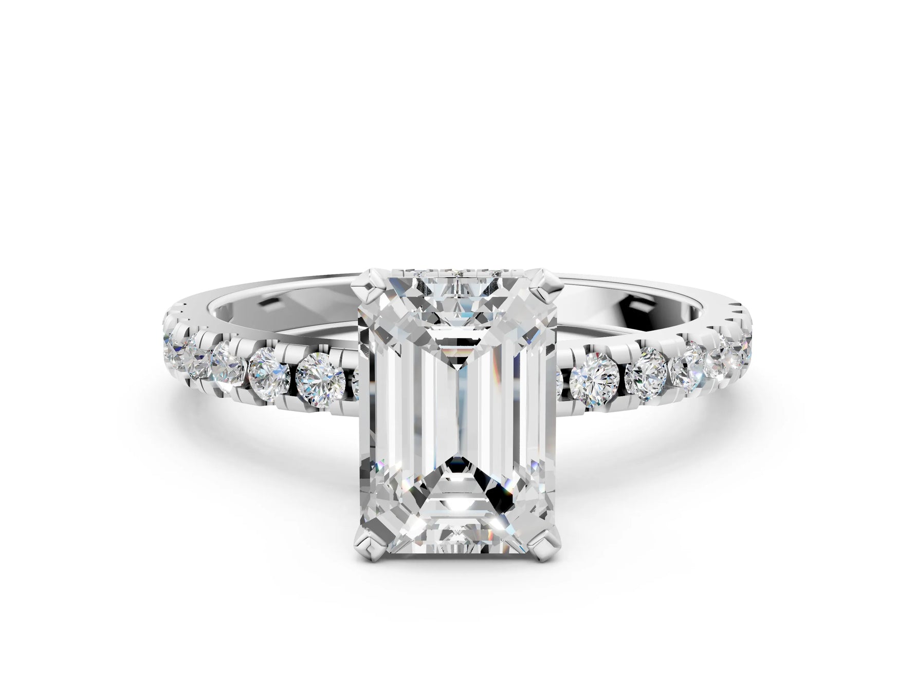 Emerald Cut Diamond Hidden Halo Solitaire Ring in White gold with Round Pavé Band and Prong Setting_59