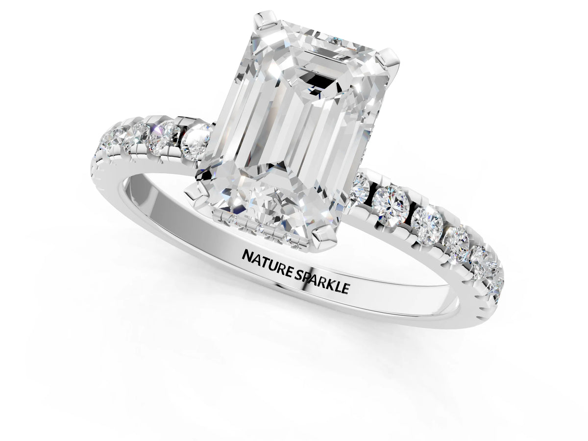 Emerald Cut Diamond Hidden Halo Solitaire Ring in White gold with Round Pavé Band and Prong Setting_80