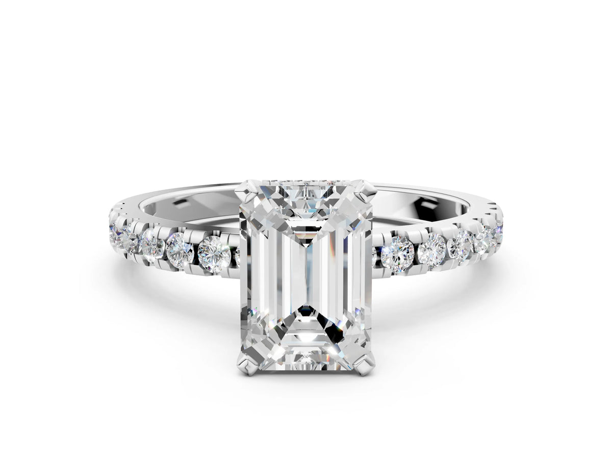 Emerald Cut Diamond Hidden Halo Solitaire Ring in White gold with Round Pavé Band and Prong Setting_84