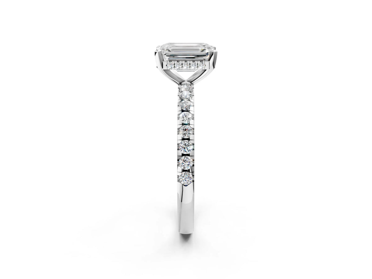 Emerald Cut Diamond Hidden Halo Solitaire Ring in White gold with Round Pavé Band and Prong Setting_85