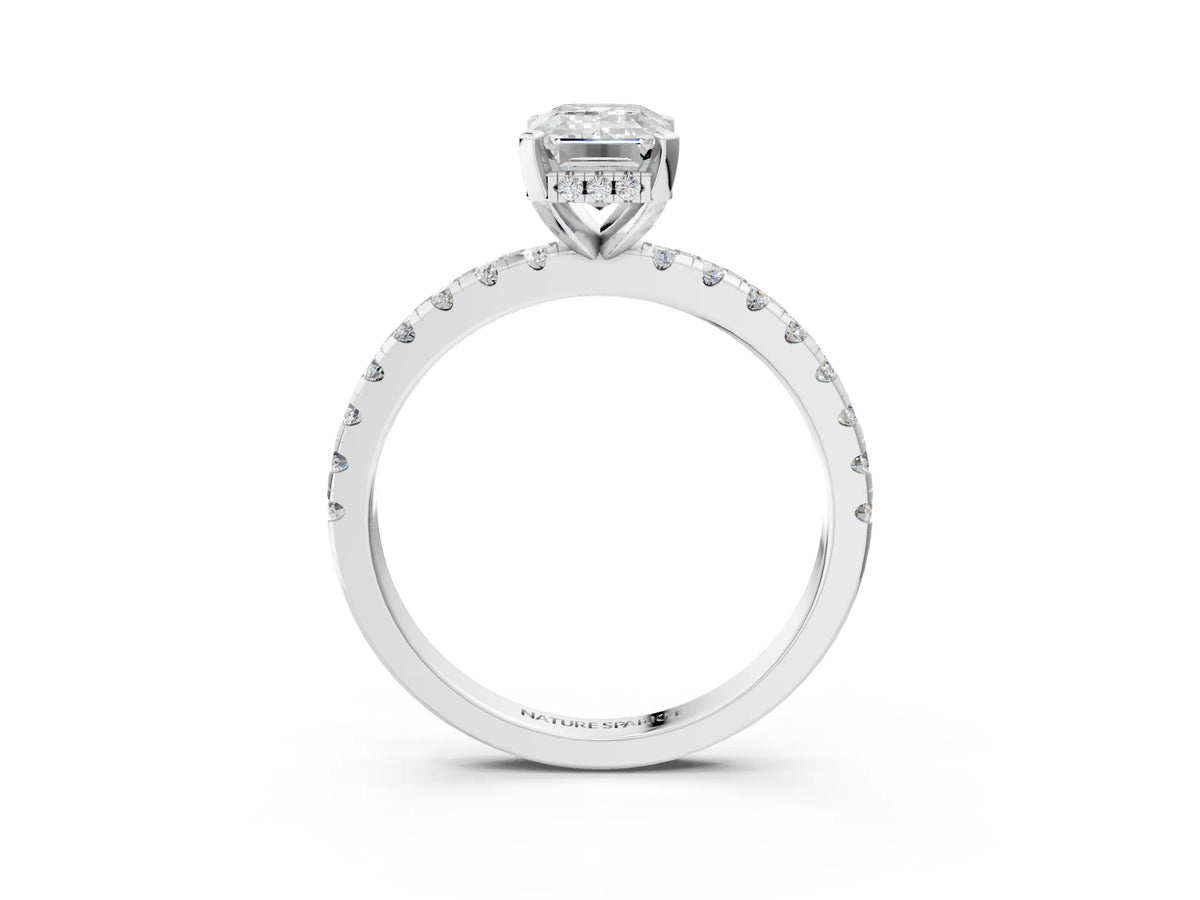 Emerald Cut Diamond Hidden Halo Solitaire Ring in White gold with Round Pavé Band and Prong Setting_87