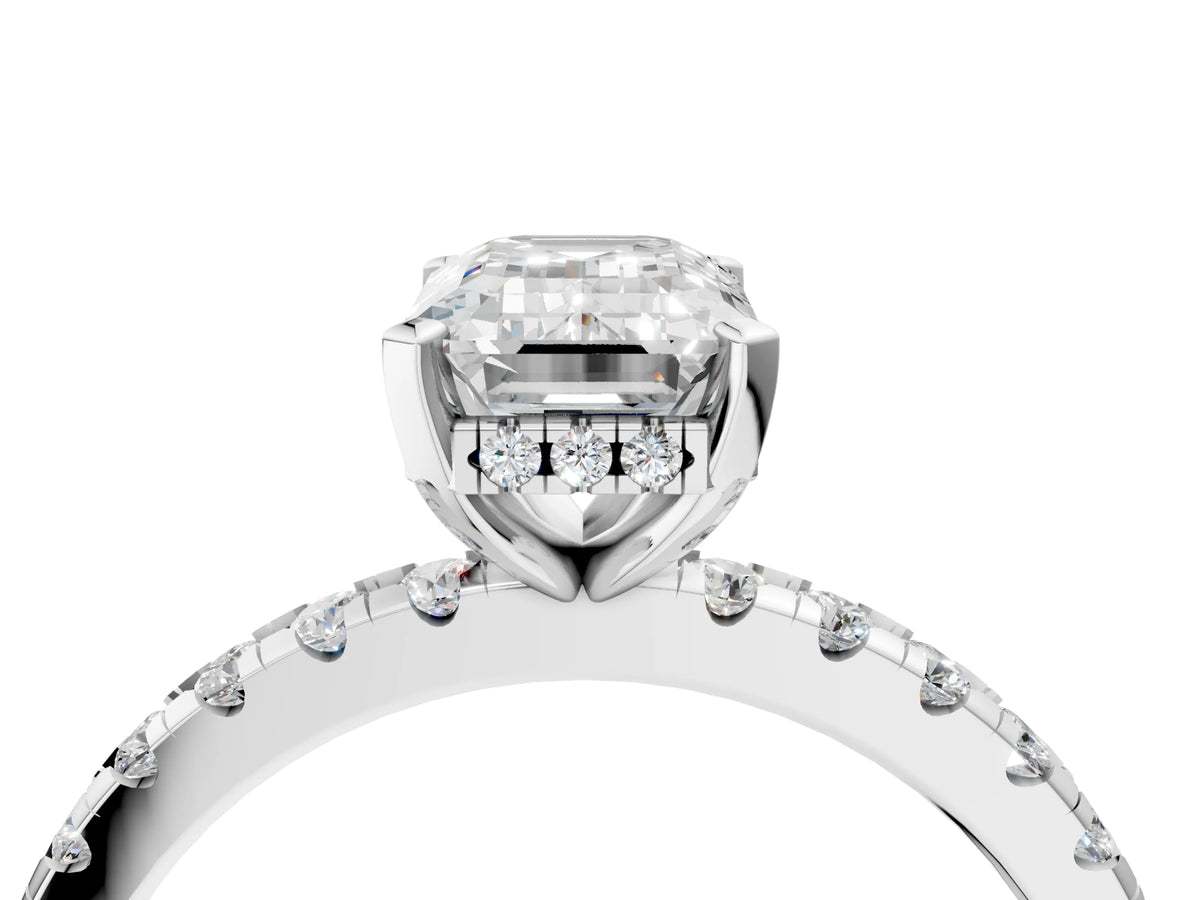 Emerald Cut Diamond Hidden Halo Solitaire Ring in White gold with Round Pavé Band and Prong Setting_88