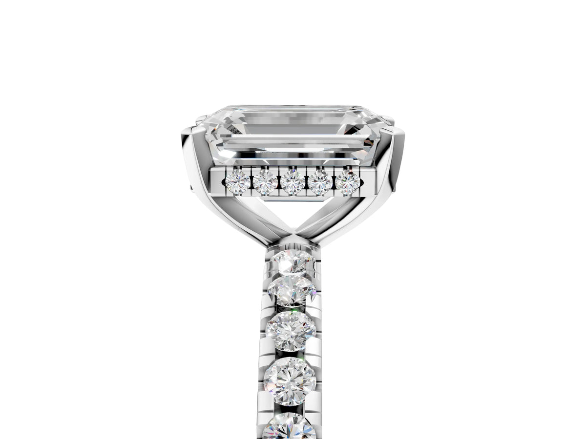 Emerald Cut Diamond Hidden Halo Solitaire Ring in White gold with Round Pavé Band and Prong Setting_88