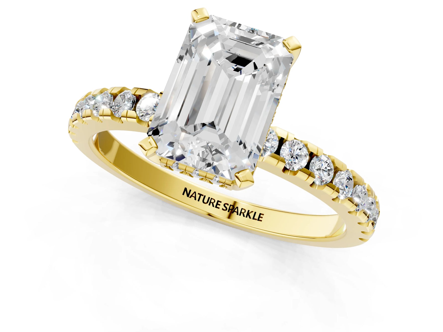 Emerald Cut Diamond Hidden Halo Solitaire Ring in Yellow gold with Round Pavé Band and Prong Setting_37