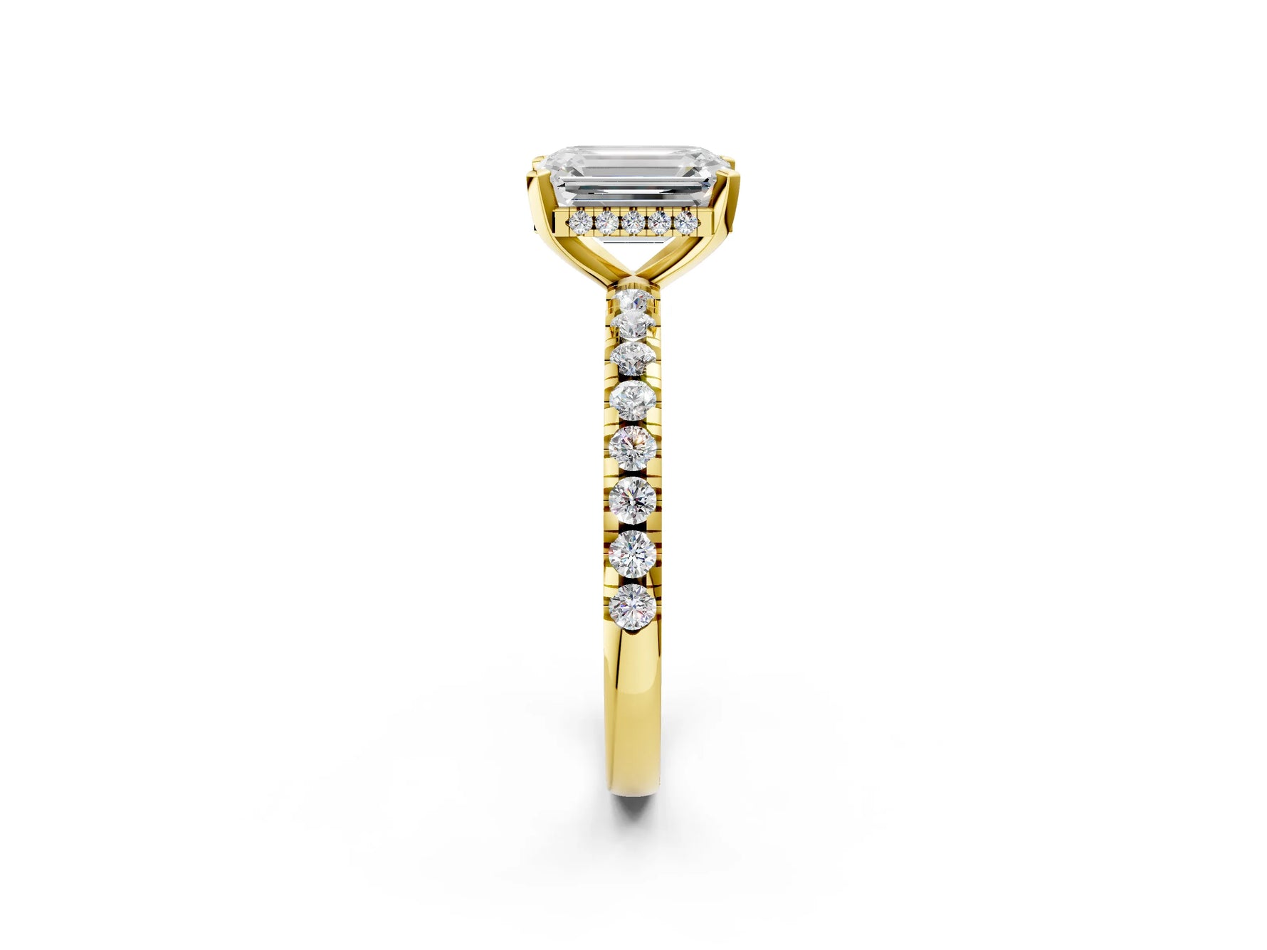 Emerald Cut Diamond Hidden Halo Solitaire Ring in Yellow gold with Round Pavé Band and Prong Setting_38