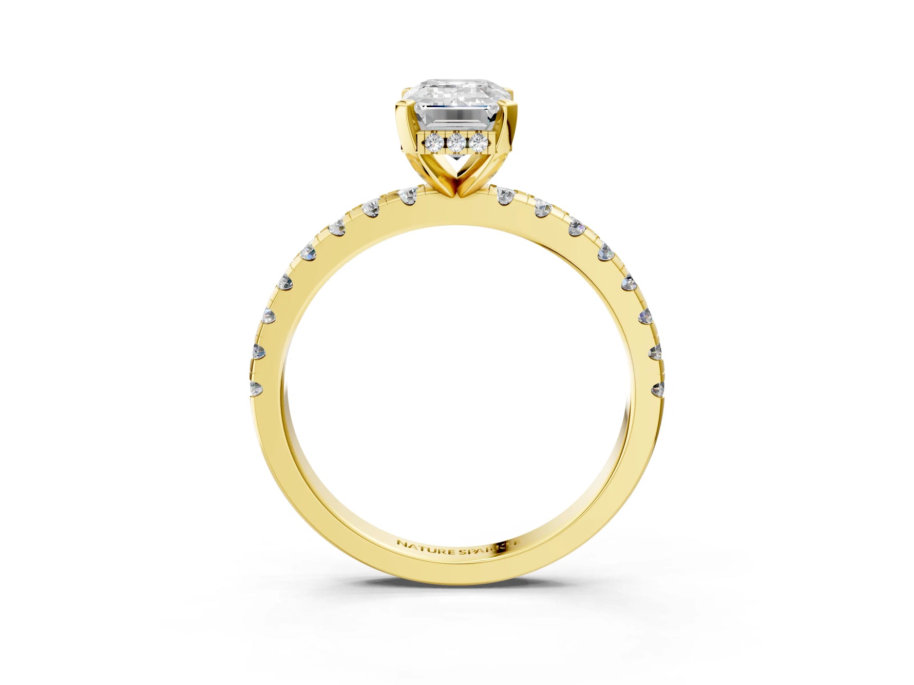Emerald Cut Diamond Hidden Halo Solitaire Ring in Yellow gold with Round Pavé Band and Prong Setting_39