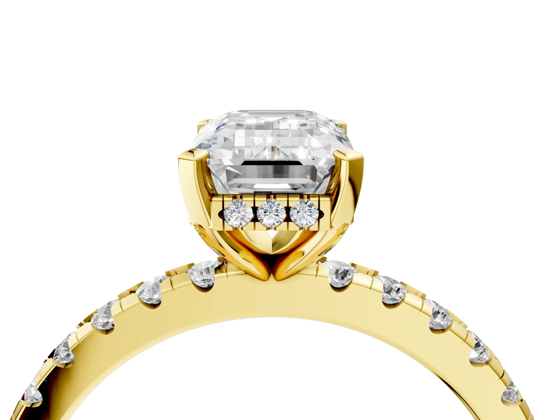 Emerald Cut Diamond Hidden Halo Solitaire Ring in Yellow gold with Round Pavé Band and Prong Setting_40