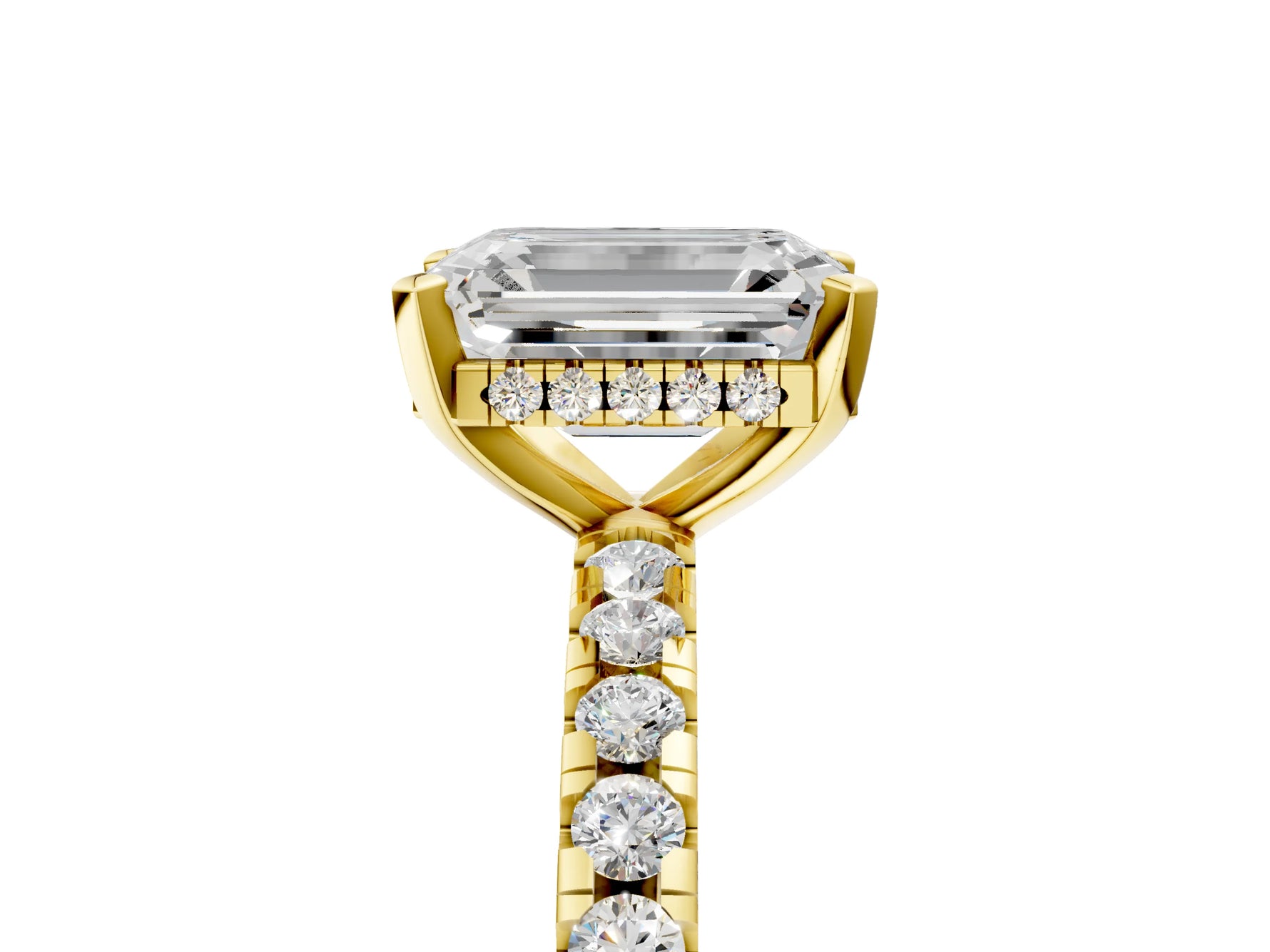 Emerald Cut Diamond Hidden Halo Solitaire Ring in Yellow gold with Round Pavé Band and Prong Setting_41