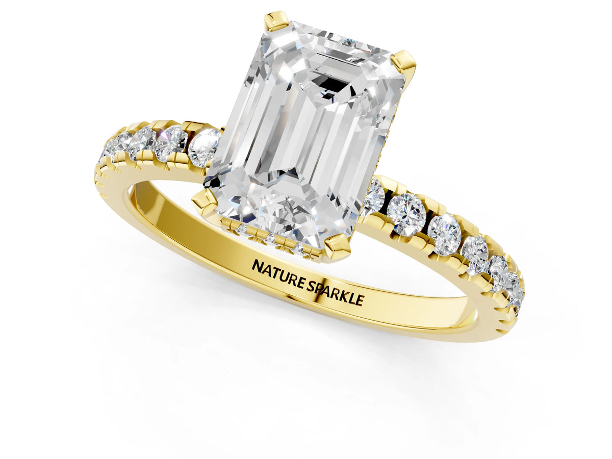 Emerald Cut Diamond Hidden Halo Solitaire Ring in Yellow gold with Round Pavé Band and Prong Setting_49