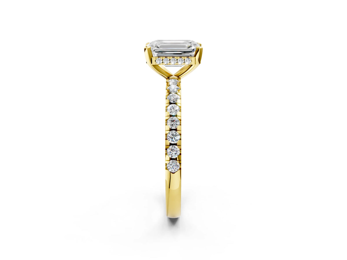 Emerald Cut Diamond Hidden Halo Solitaire Ring in Yellow gold with Round Pavé Band and Prong Setting_50