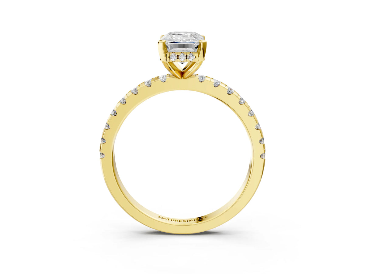 Emerald Cut Diamond Hidden Halo Solitaire Ring in Yellow gold with Round Pavé Band and Prong Setting_51