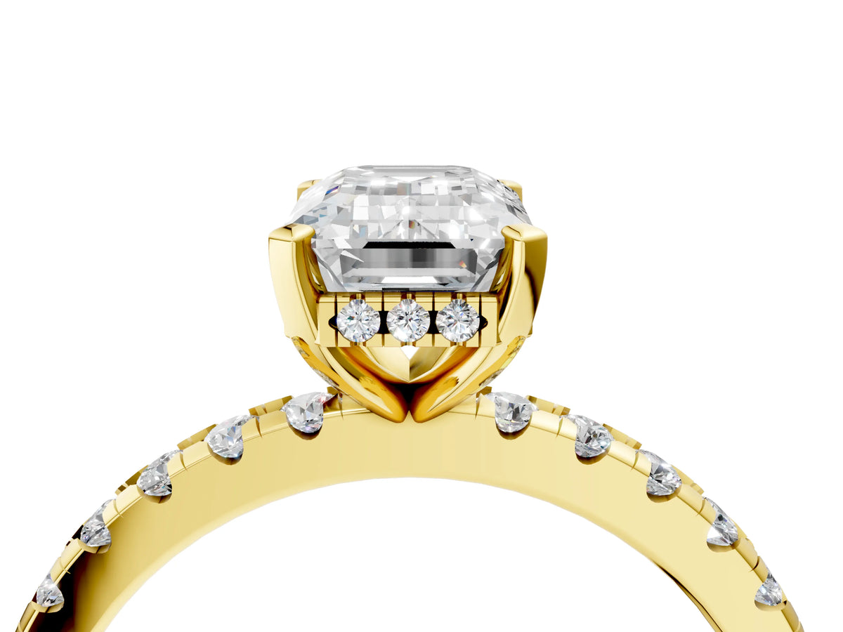 Emerald Cut Diamond Hidden Halo Solitaire Ring in Yellow gold with Round Pavé Band and Prong Setting_52