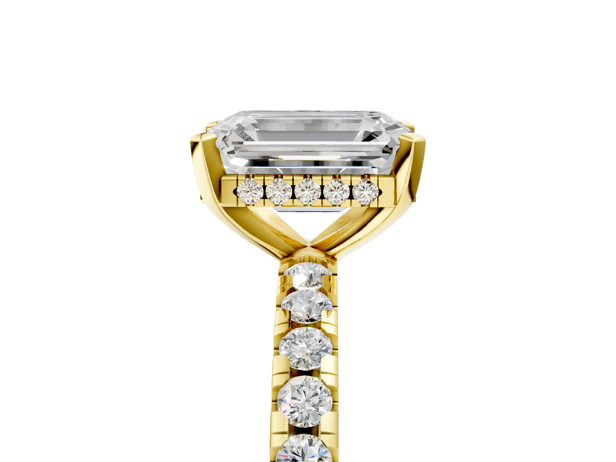 Emerald Cut Diamond Hidden Halo Solitaire Ring in Yellow gold with Round Pavé Band and Prong Setting_53