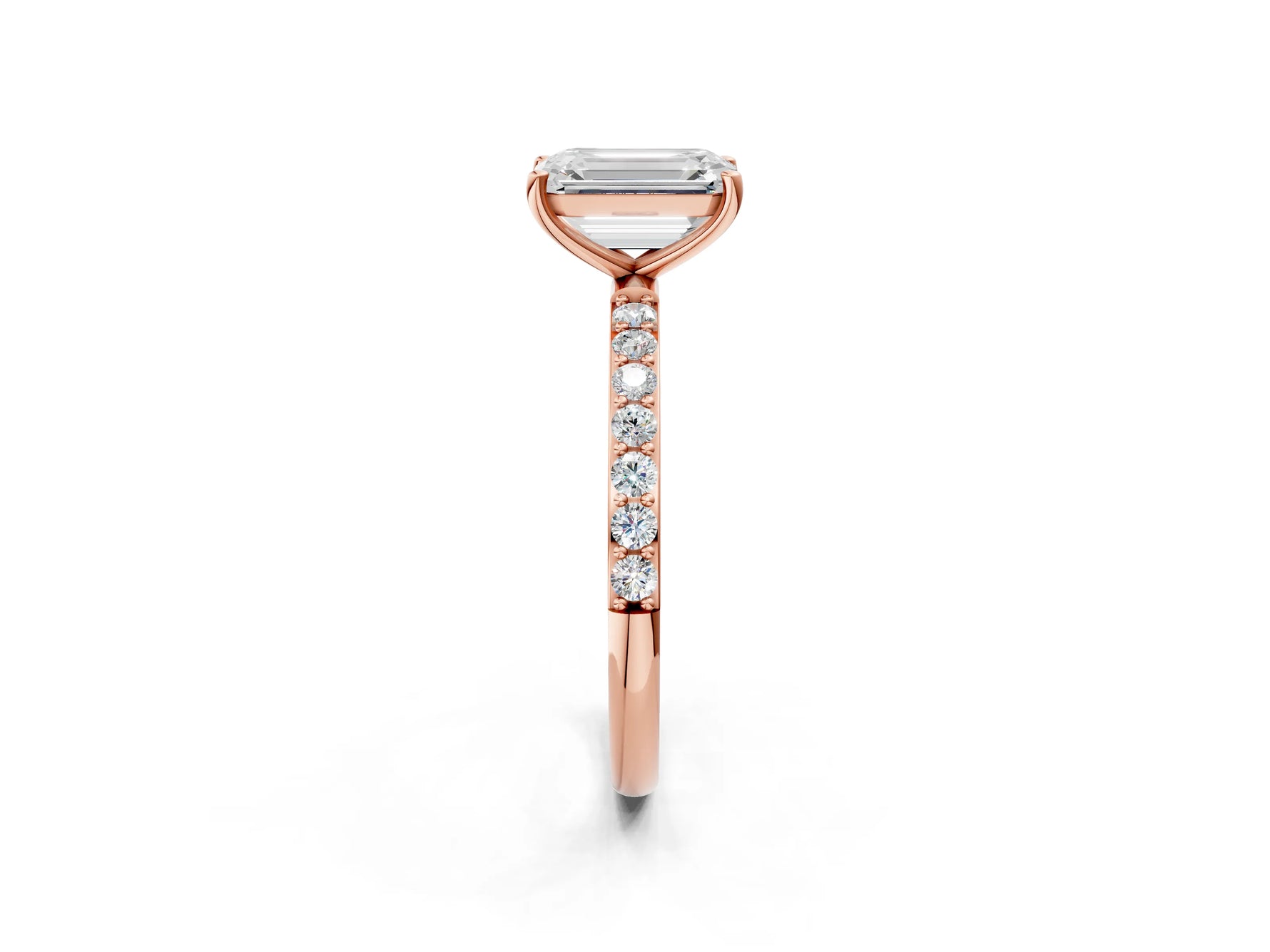 Emerald Cut Diamond Pavé Band Solitaire Ring in Rose gold with Round Accents_32