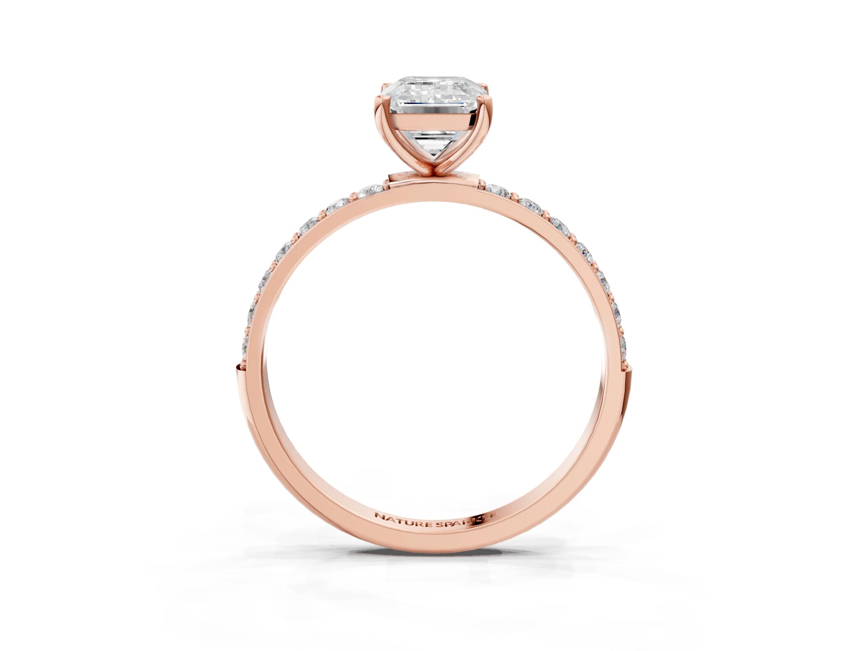 Emerald Cut Diamond Pavé Band Solitaire Ring in Rose gold with Round Accents_33