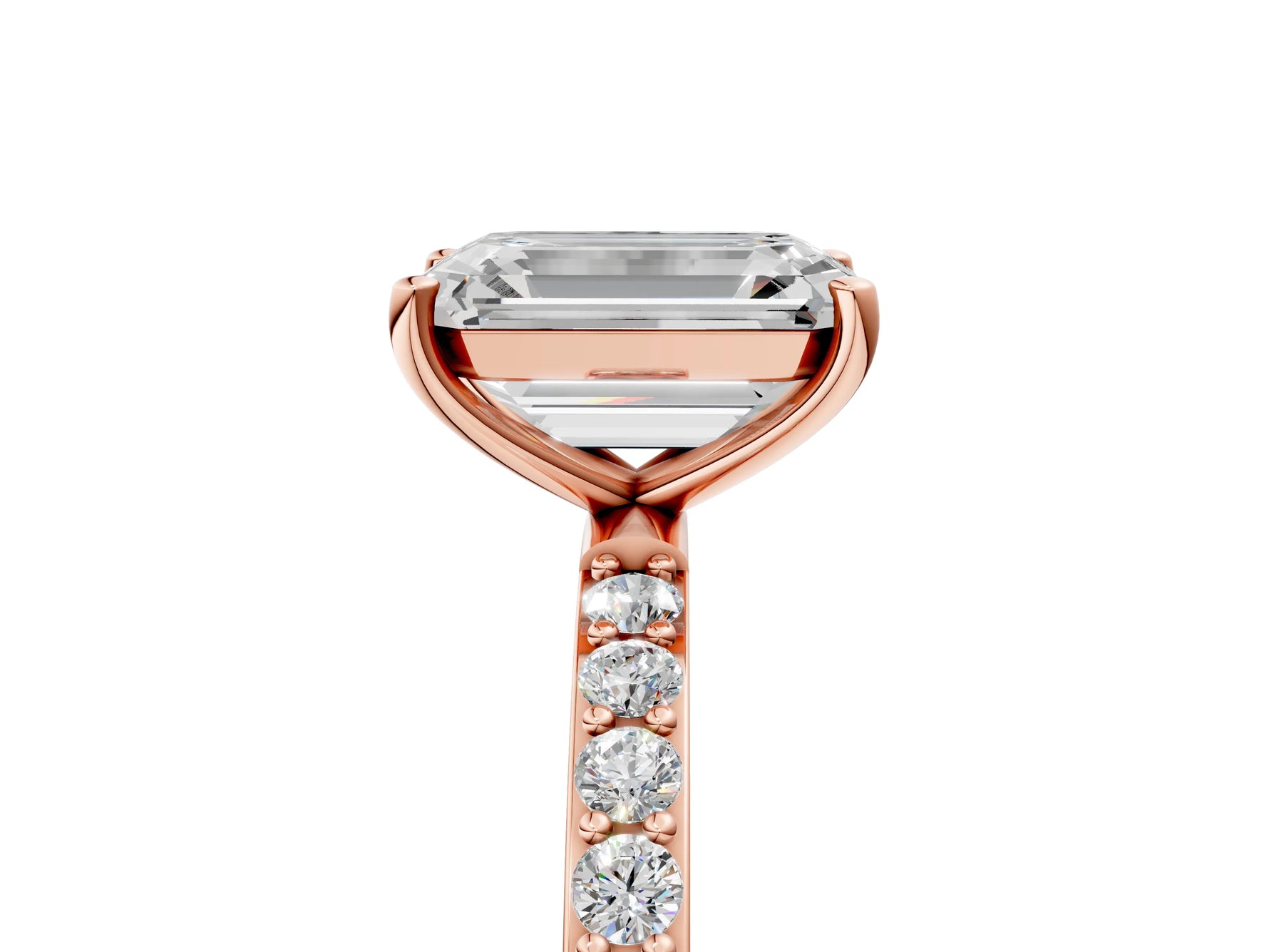 Emerald Cut Diamond Pavé Band Solitaire Ring in Rose gold with Round Accents_35