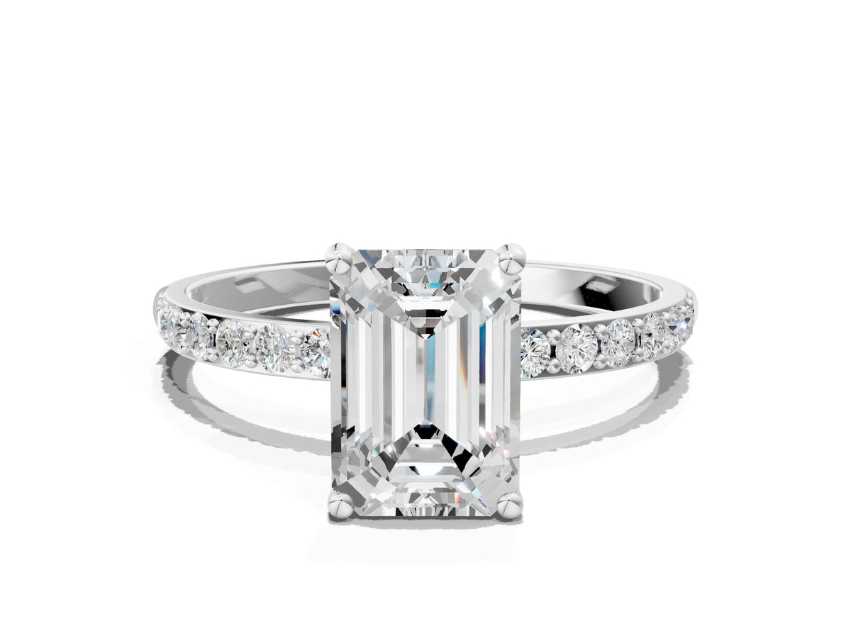 Emerald Cut Diamond Pavé Band Solitaire Ring in White gold with Round Accents_24