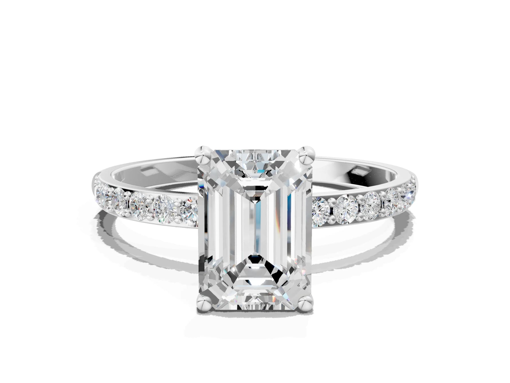 Emerald Cut Diamond Pavé Band Solitaire Ring in White gold with Round Accents_24