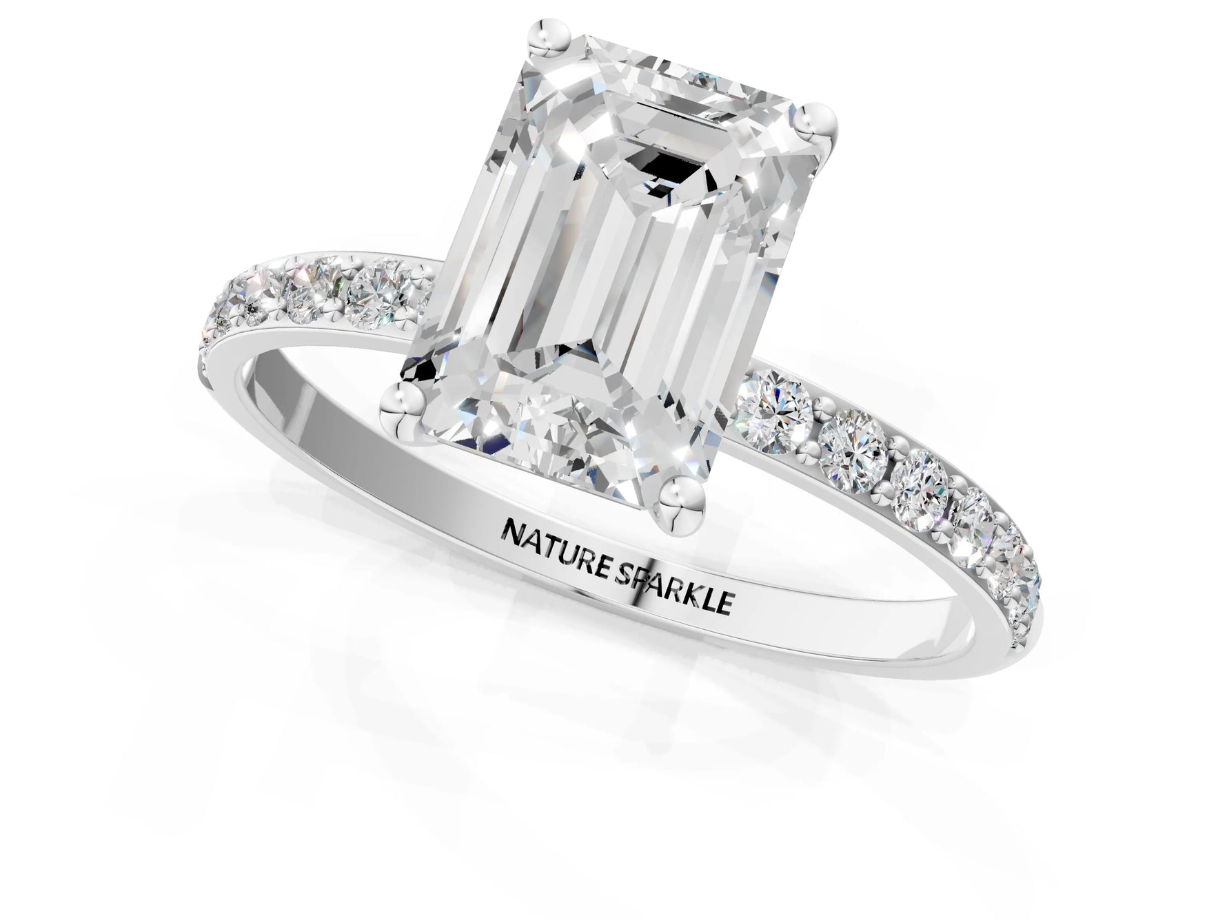 Emerald Cut Diamond Pavé Band Solitaire Ring in White gold with Round Accents_25