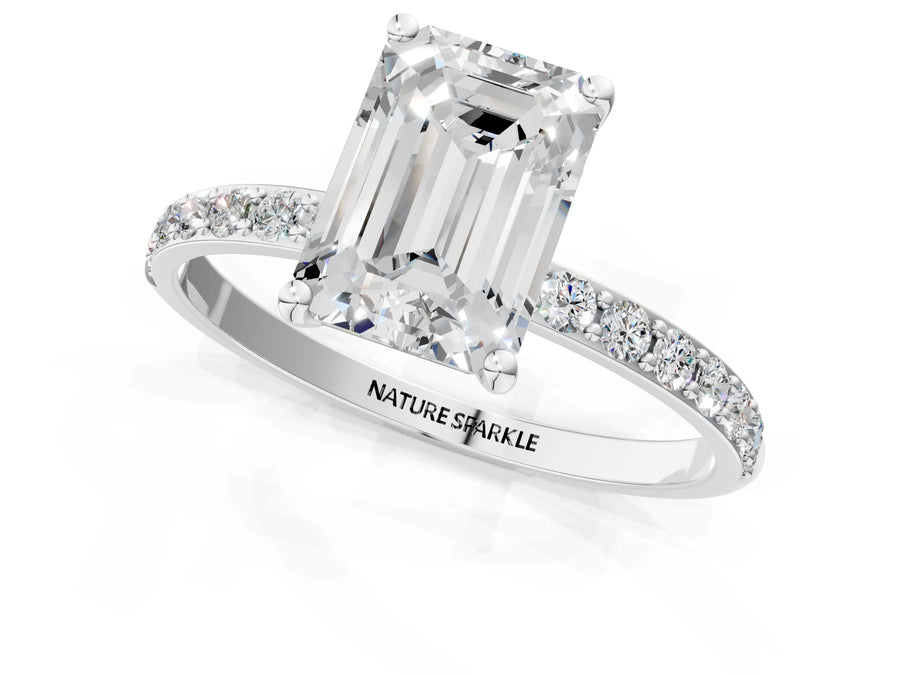 Emerald Cut Diamond Pavé Band Solitaire Ring in Silver with Round Accents