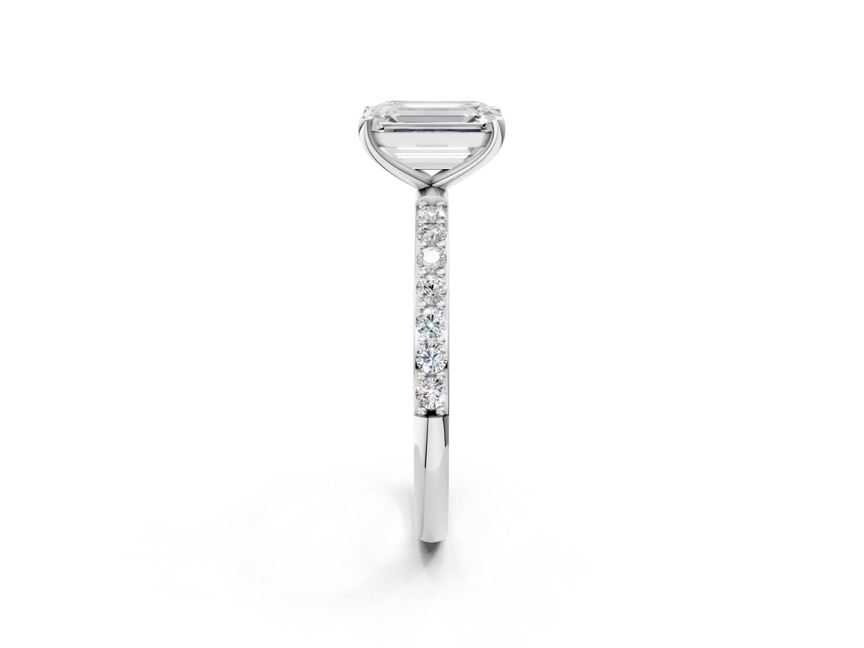 Emerald Cut Diamond Pavé Band Solitaire Ring in White gold with Round Accents_26