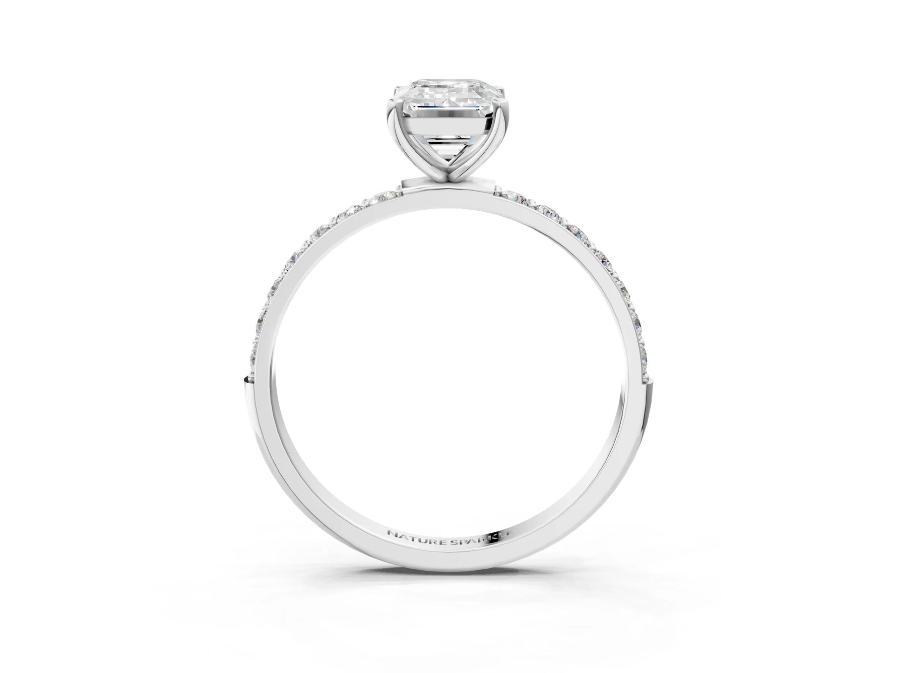 Emerald Cut Diamond Pavé Band Solitaire Ring in White gold with Round Accents_27