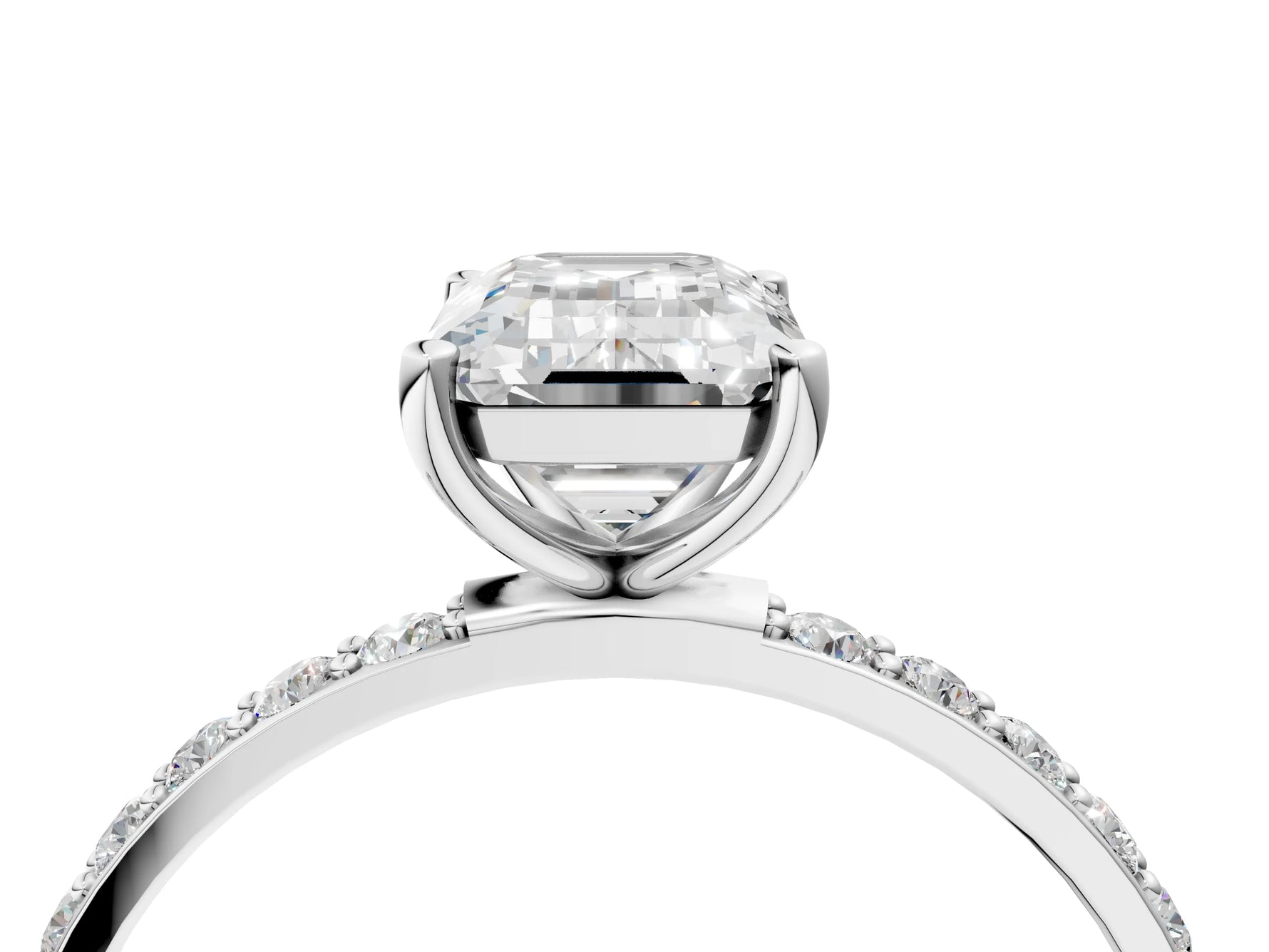 Emerald Cut Diamond Pavé Band Solitaire Ring in White gold with Round Accents_28