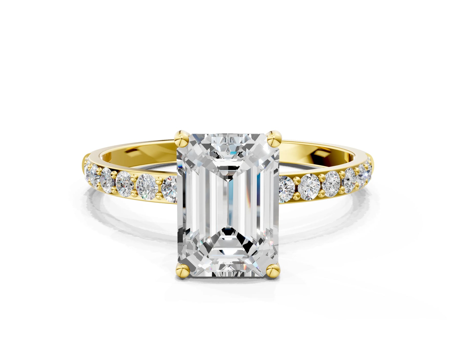 Emerald Cut Diamond Pavé Band Solitaire Ring in Yellow gold with Round Accents_24