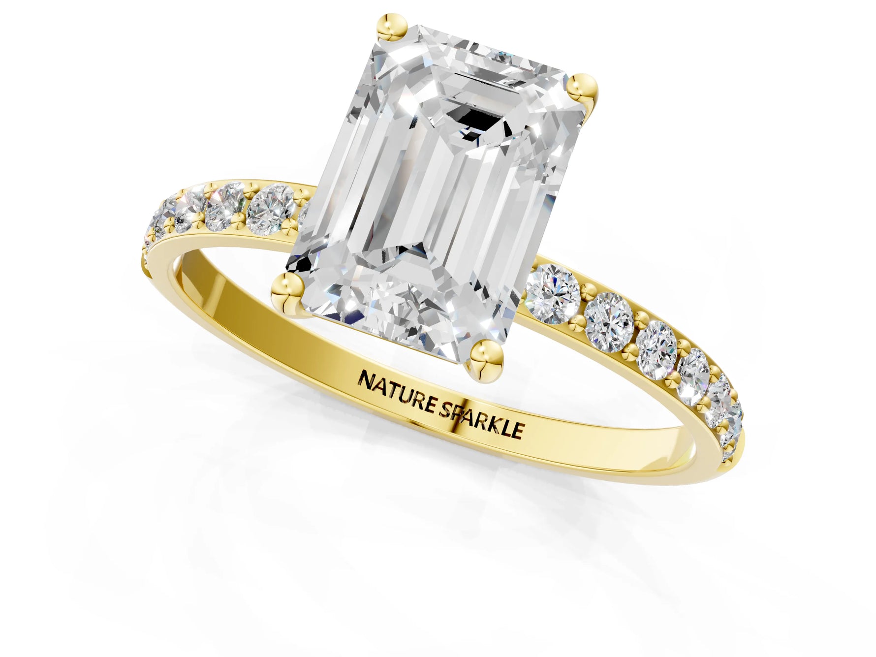 Emerald Cut Diamond Pavé Band Solitaire Ring in Yellow gold with Round Accents_25