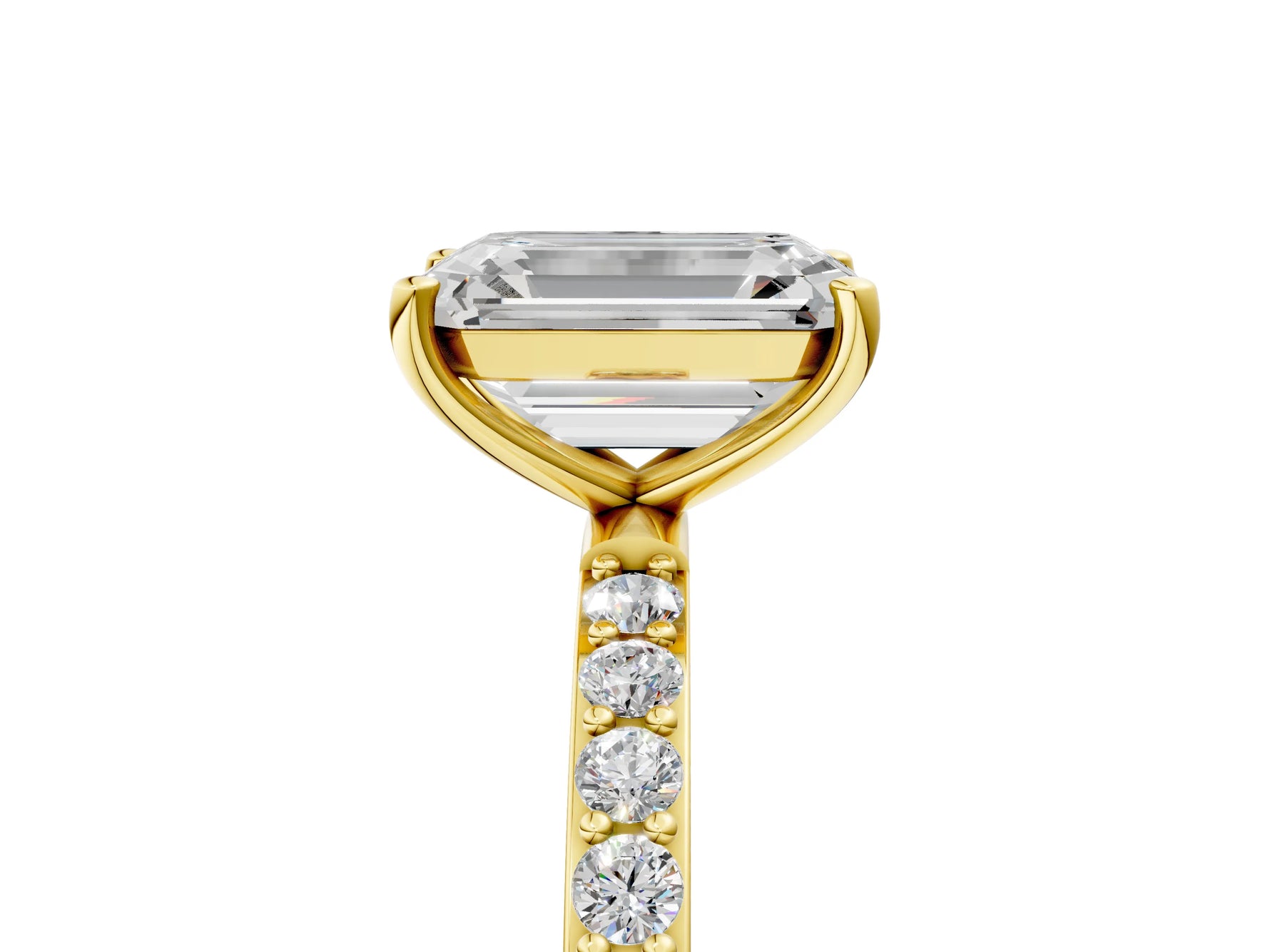 Emerald Cut Diamond Pavé Band Solitaire Ring in Yellow gold with Round Accents_29