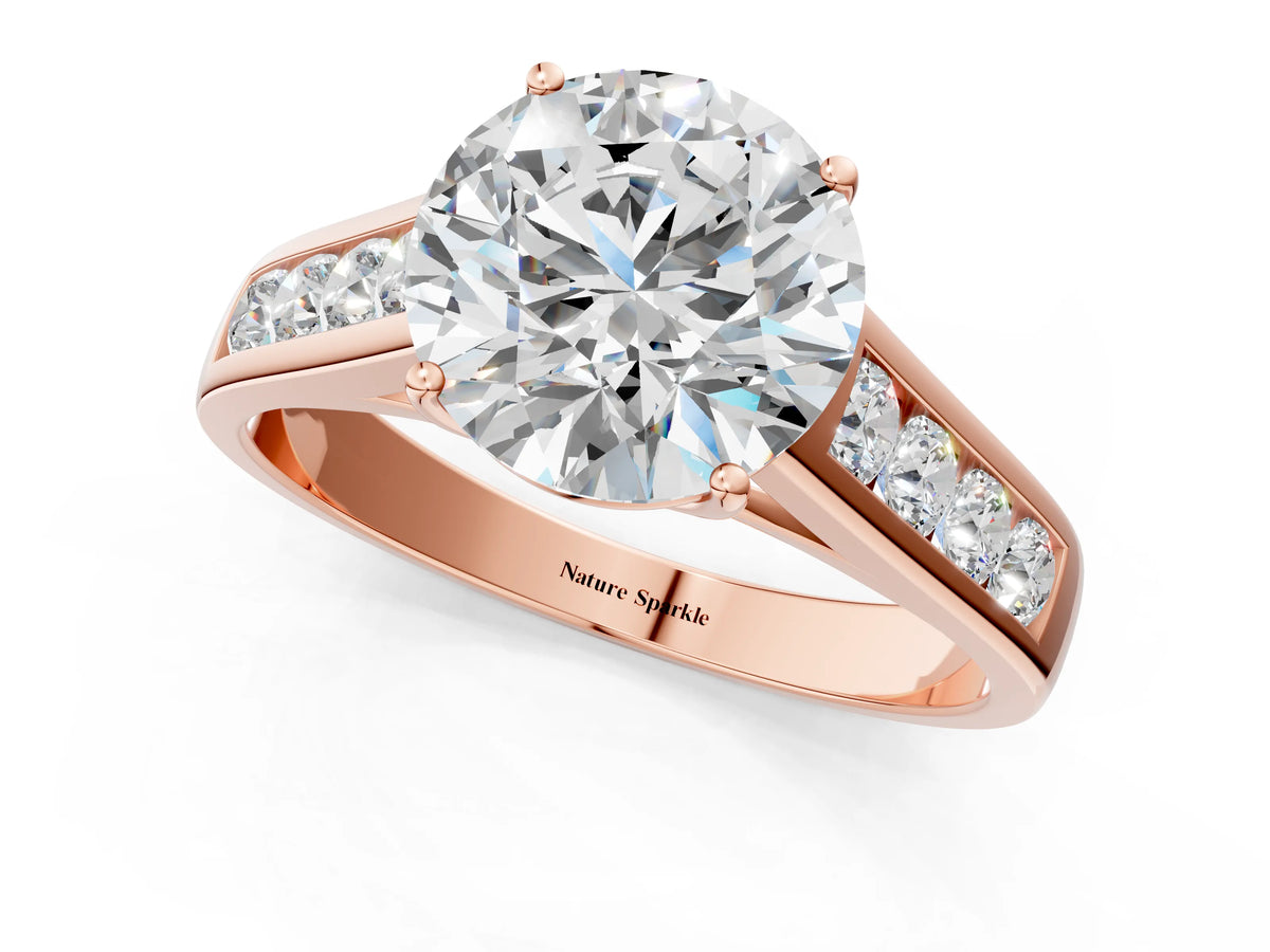 Emerald Cut Diamond Solitaire Engagement Ring in Rose gold with Channel-Set Band and Prong Setting_1