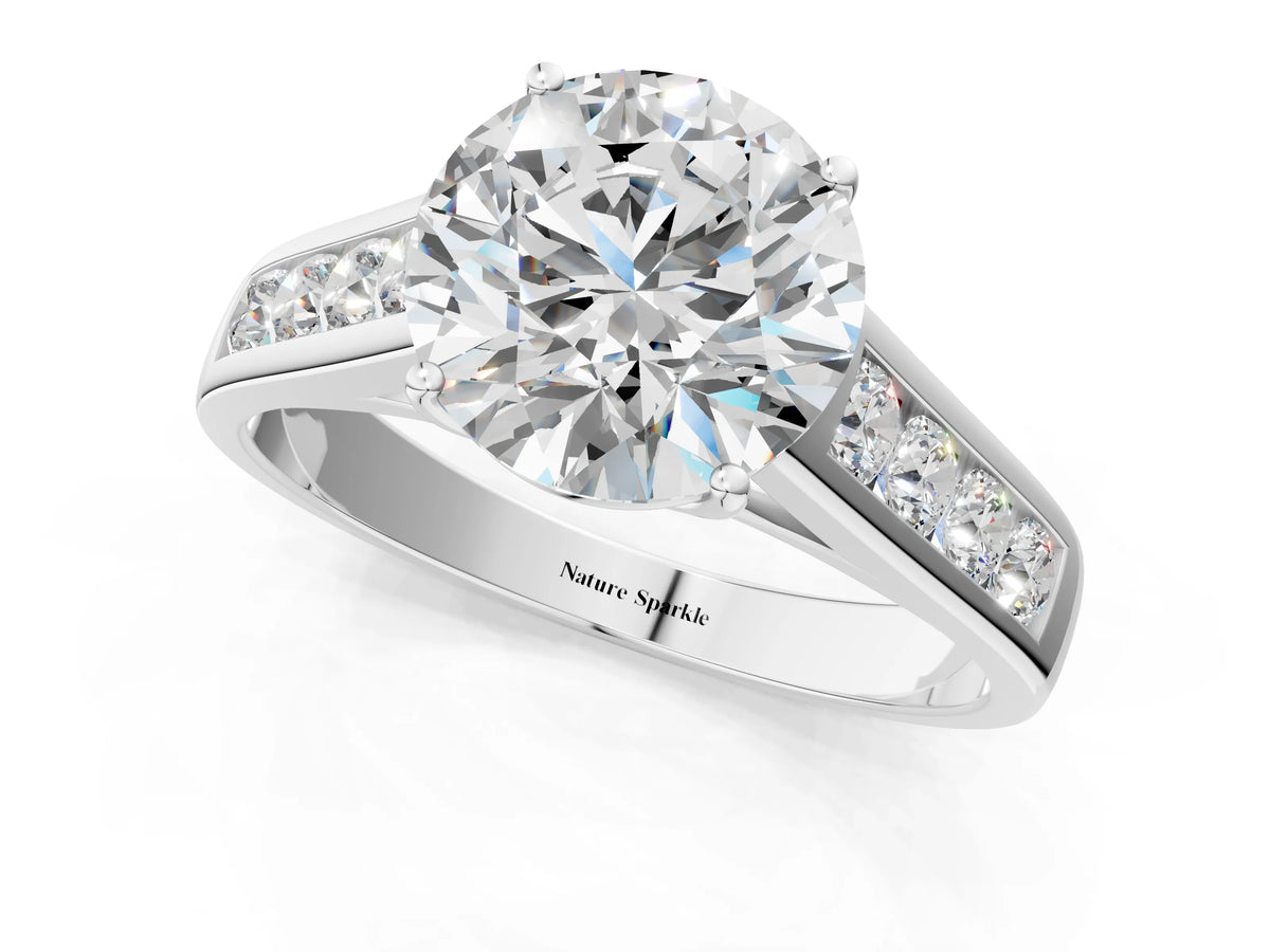 Emerald Cut Diamond Solitaire Engagement Ring in Silver with Channel-Set Band and Prong Setting_1