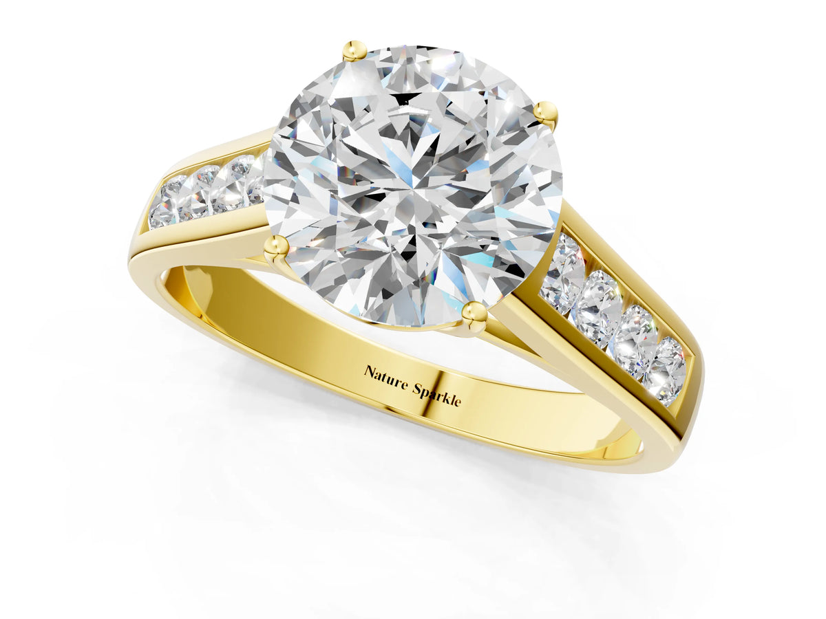 Emerald Cut Diamond Solitaire Engagement Ring in Yellow gold with Channel-Set Band and Prong Setting_1