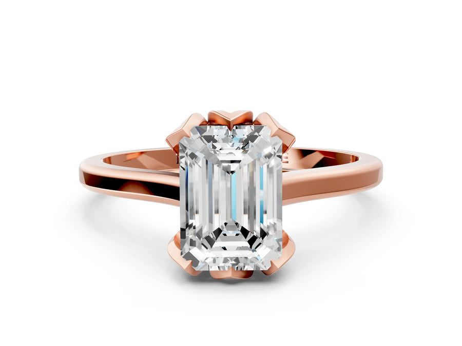 Emerald Cut Diamond Solitaire Ring in Rose gold with Flower Prong Setting