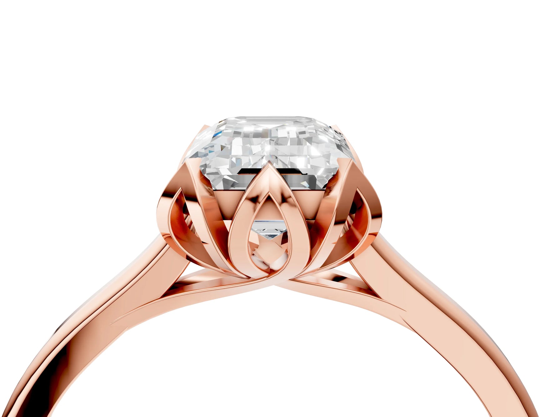 Emerald Cut Diamond Solitaire Ring in Rose gold with Flower Prong Setting_22