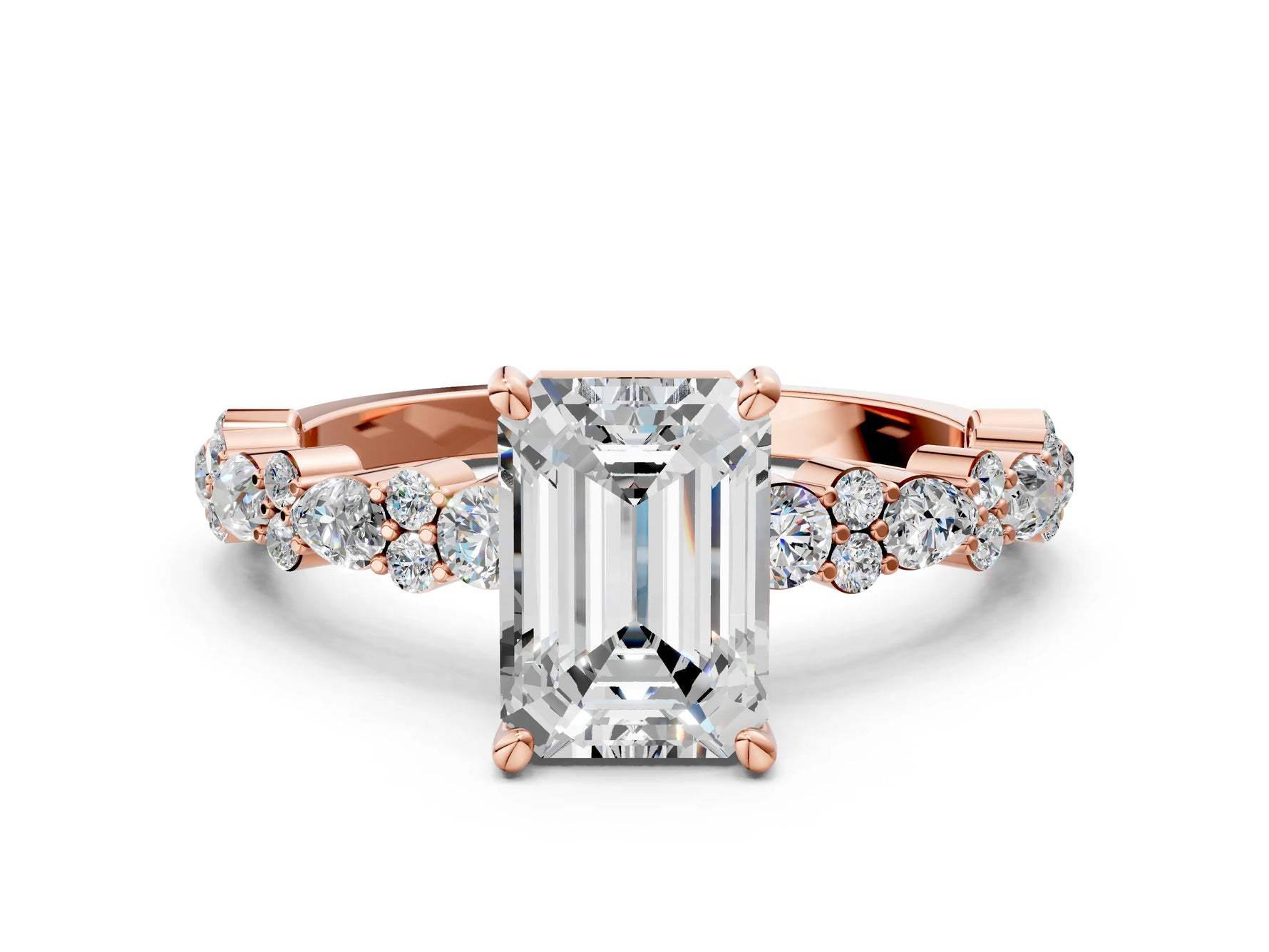 Emerald Cut Diamond Solitaire Ring in Rose gold with Pear and Round Cluster Band_12