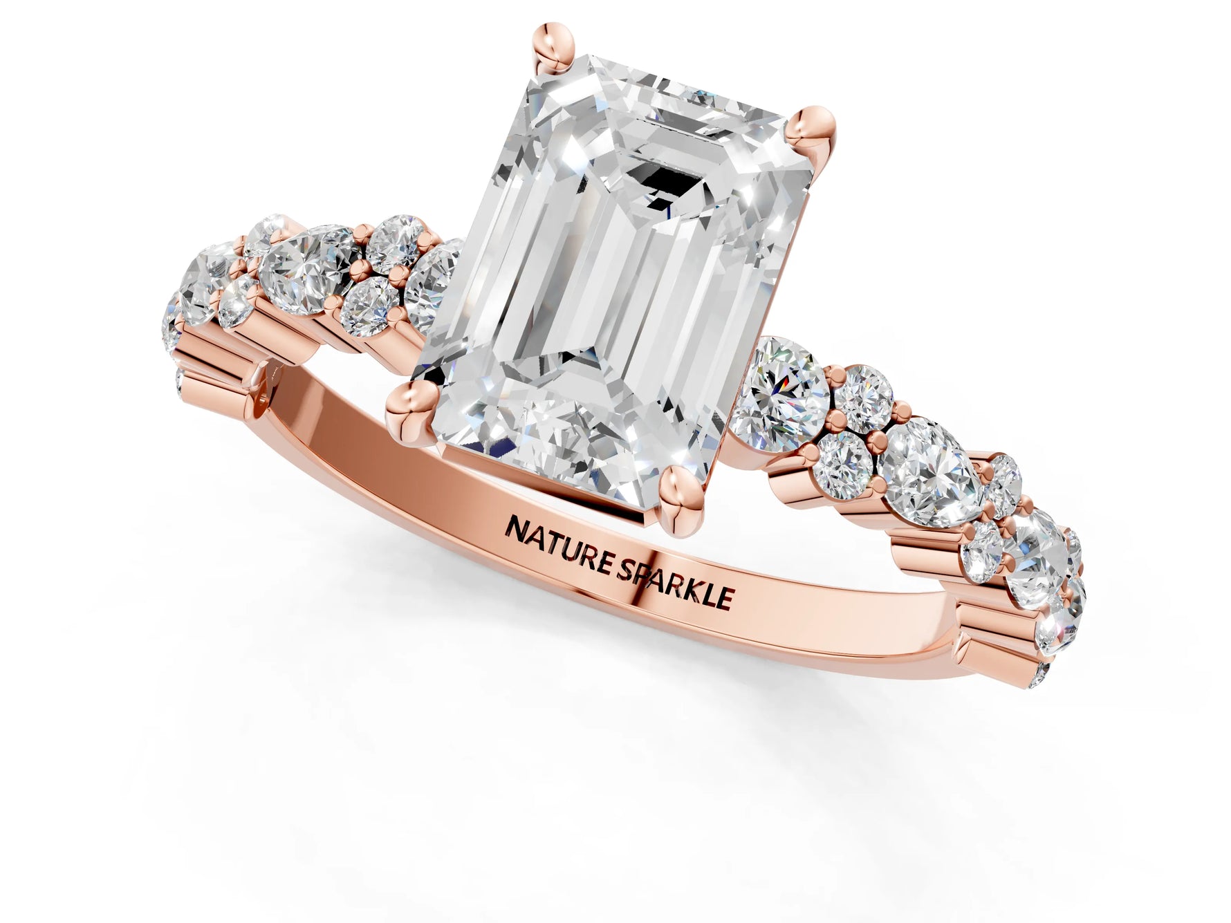 Emerald Cut Diamond Solitaire Ring in Rose gold with Pear and Round Cluster Band_13